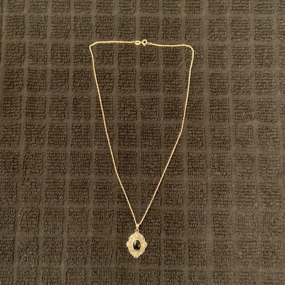 Silver Necklace with Silver and Black Onyx Pendant 17.5” Chain Length